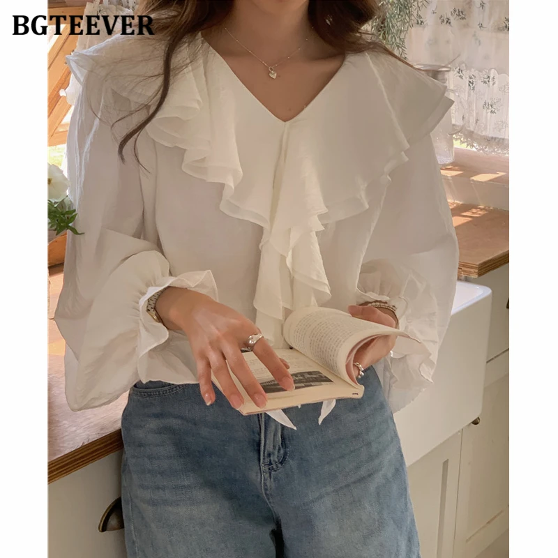 BGTEEVER Elegant V-neck Ladies Ruffles Blouses Spring Summer Vintage Flare Sleeve Loose Cotton Shirts Women Tops