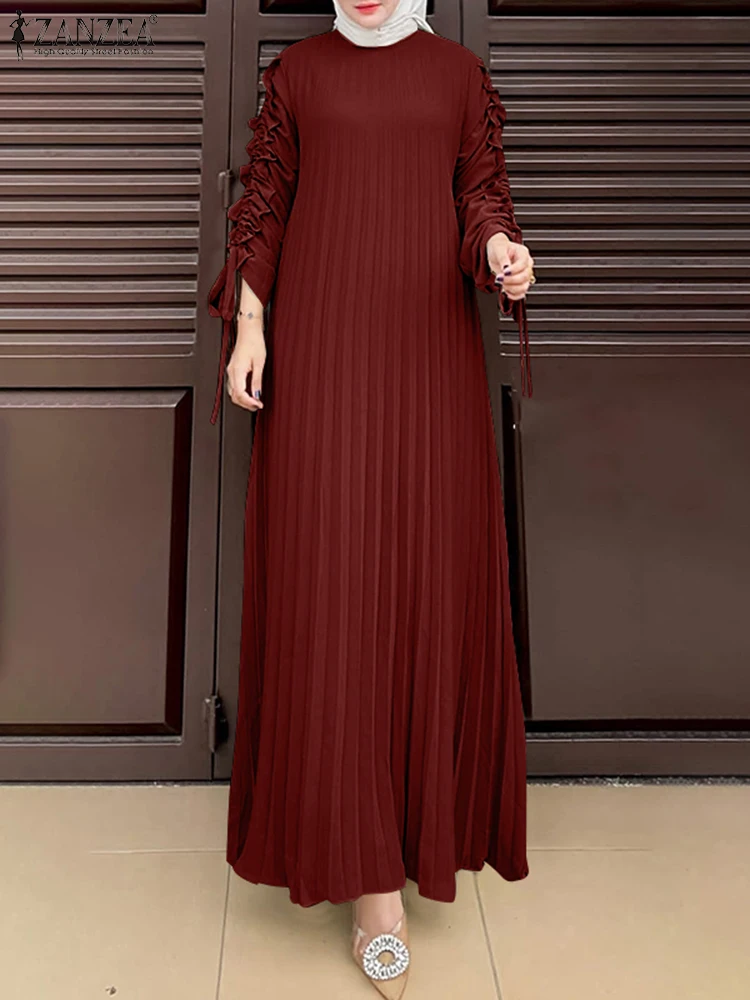 

2025 ZANZEA Muslim Hijab Dresses Abaya Elegant Women Spring Long Sleeve IsIamic Robe Pleated Vestidos Fashion Party Sundress