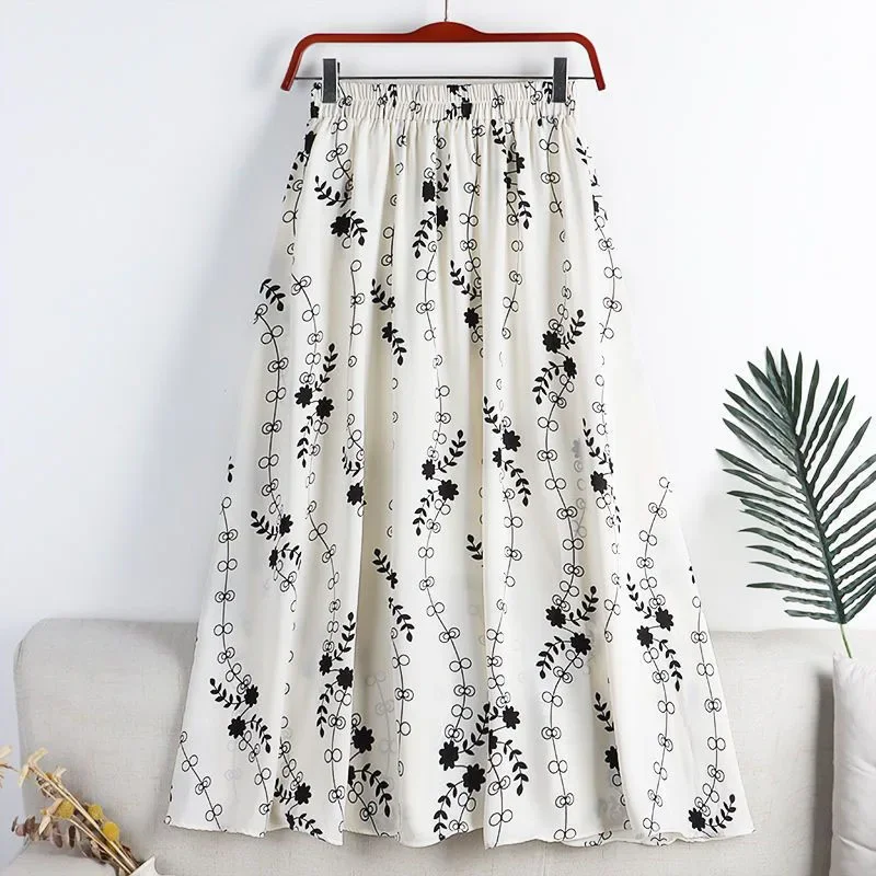 Vintage Printed Long Skirt Women Summer Elastic High Wiast Mid-Calf Skirts Female Casual All-Match A-Line Pleated Skirt