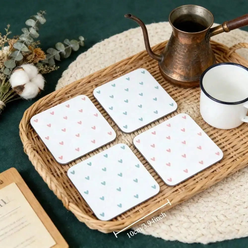 Fresh-style mini square acrylic coaster in pale pink with a white background and an all-over pattern of tiny hearts.