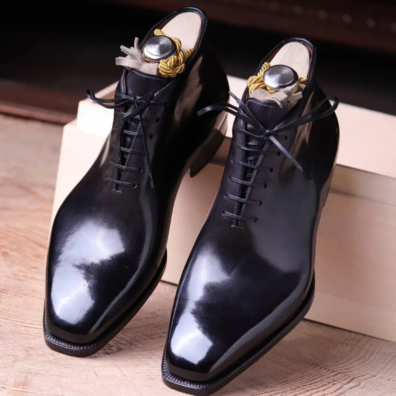 Men\'s Short Boots Brown Black Lace-up Square Toe Ankle Handmade Business Cowboy Boots Fashion Men\'s Boots Zapatos Hombre
