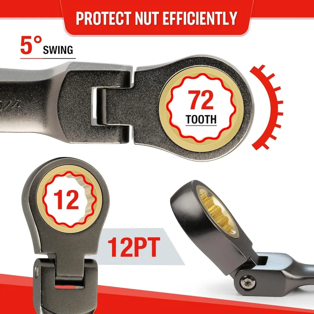 Juego de llaves de trinquete rechonchas con cabeza flexible de 8 piezas, SAE 5/16-3/4 pulgadas, 72 dientes, niquelado con bolsa rodante