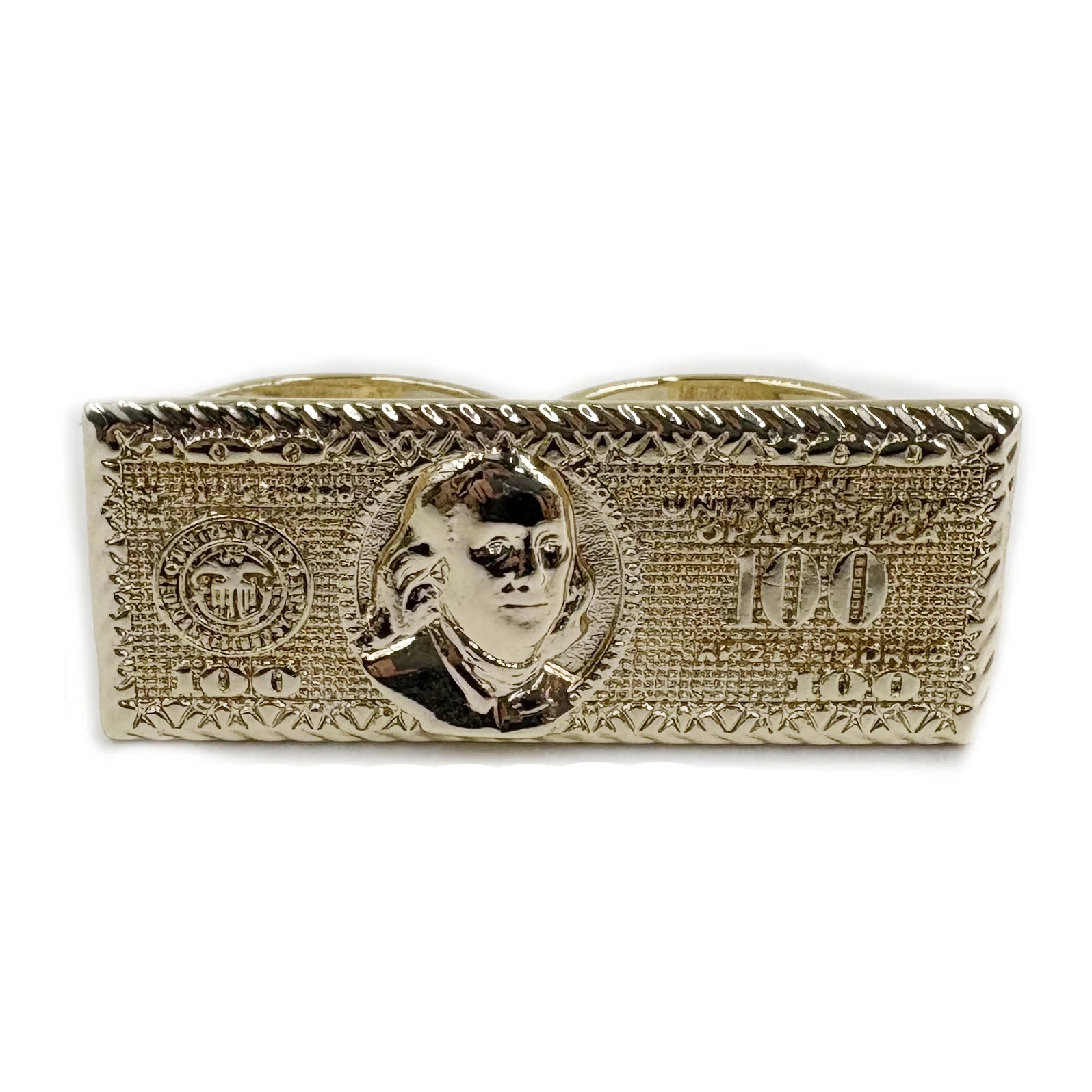 

100 Dollar Bill Design 2 Finger Ring Heavy Rough Hip Hop Style 14K Gold Plated Big Size Men's Party Gift US Dollar Theme