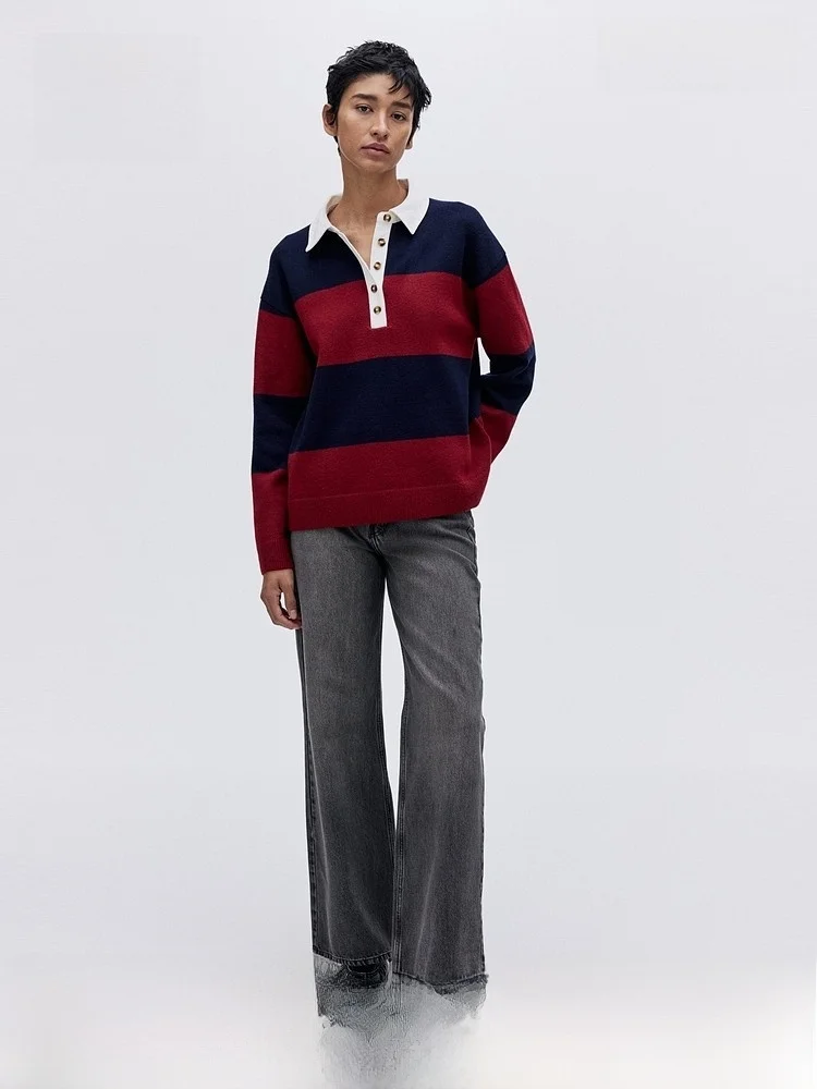 

Женский вязаный свитер H&M с отложным воротником, в полоску, на пуговицах, свободного кроя, с длинными рукавами, весенний, повседневный