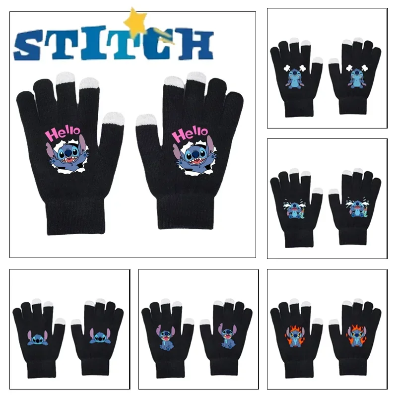 Cute Disney Stitch Black Knitted Gloves Winter Warm Five Finger Gloves Student Outdoor Riding Windproof Cold-proof Gloves Gifts