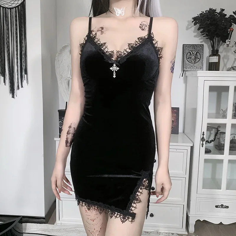 Minivestido negro cruzado oscuro para mujer, con tirantes finos vestido Vintage Sexy, abertura de cintura alta, vestido gótico para fiesta y Club