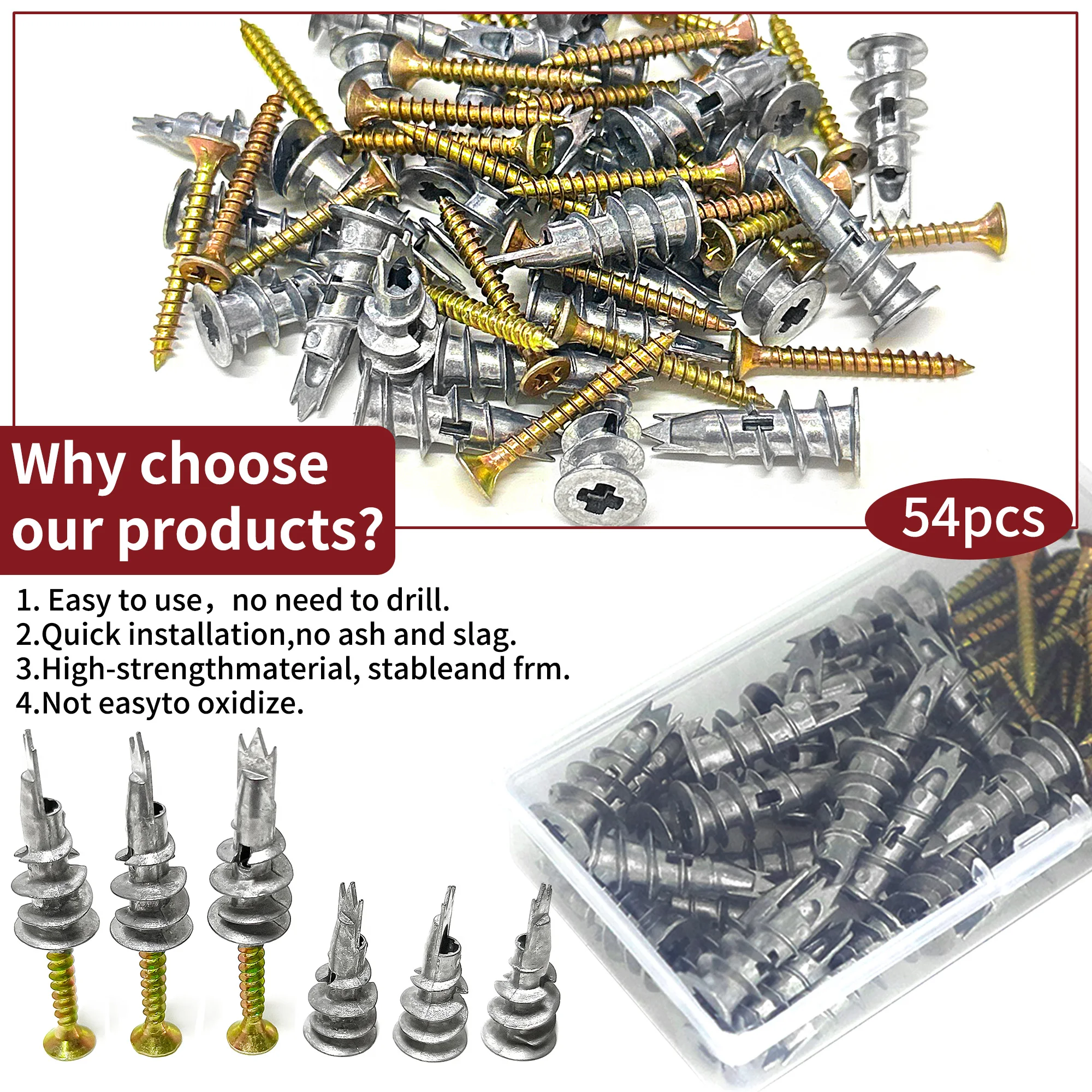 54pcs Multipurpose Self-Drilling Anchor and Screw Assortment Kit Safe to Prevent Loose Fastening With Plasterboard Drywall