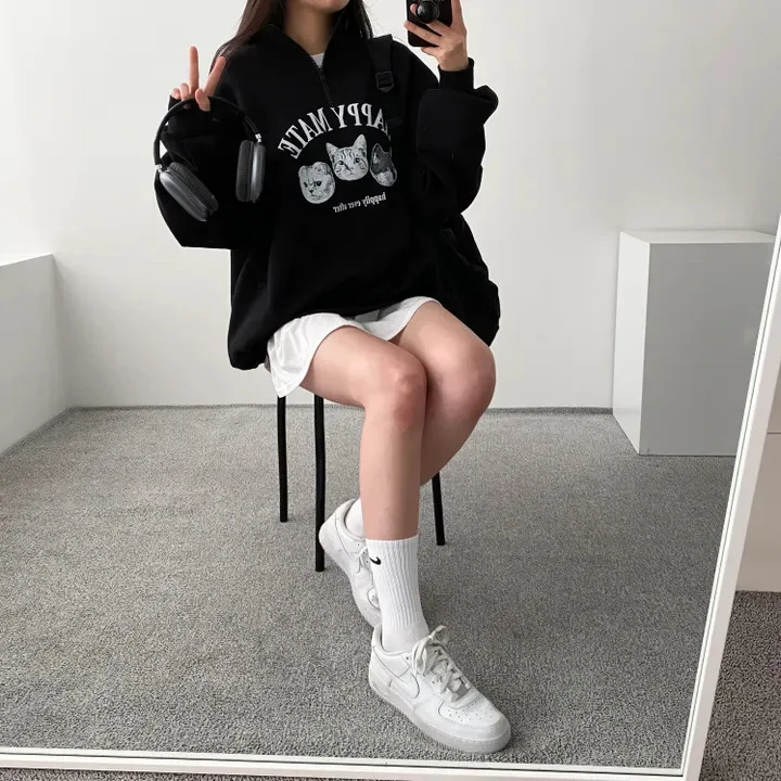 Women Hoodies Office Lady Loose Coat Hooded Sweatshirts Cartoon Cat Printed Pullover 2024 Spring Femal Thicken Clothes