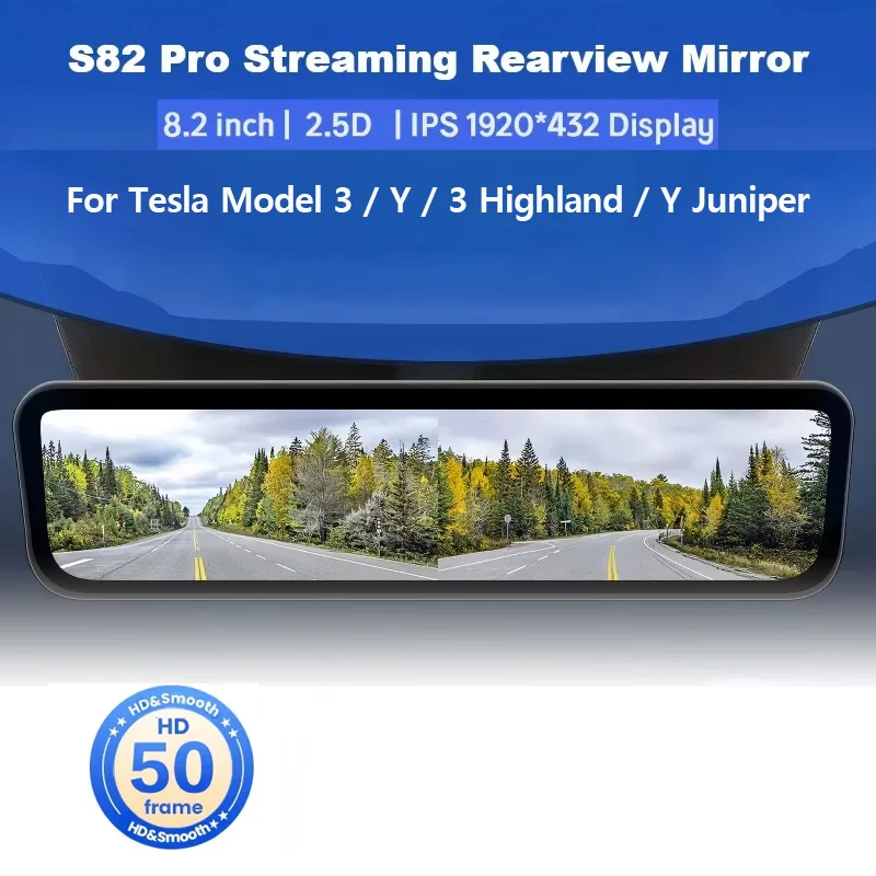 

S82 Pro 4K HD 8.2‘’Front Rear Camera Touch Screen Stream Media Video Dual Mirror Recorder for Tesla Model 3 Highland Y Juniper