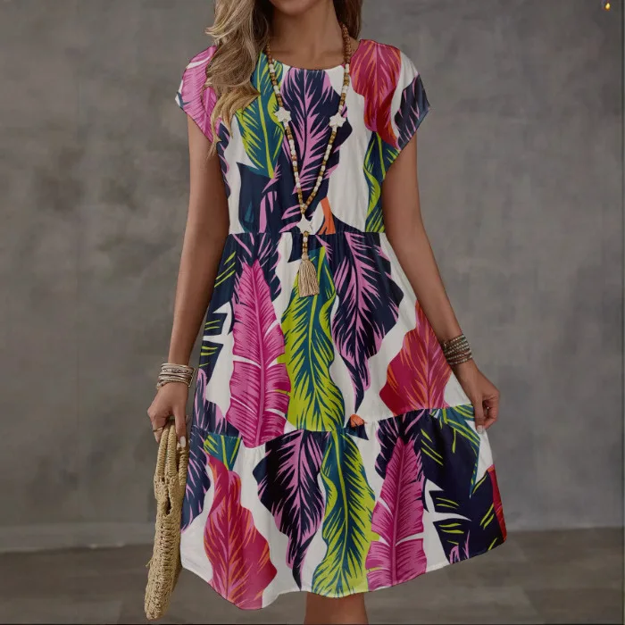 Summer Women's Printed Dress With Lotus Leaf Skirt And Casual Floral Design, Fully Printed Round Neck Short Sleeved Dress