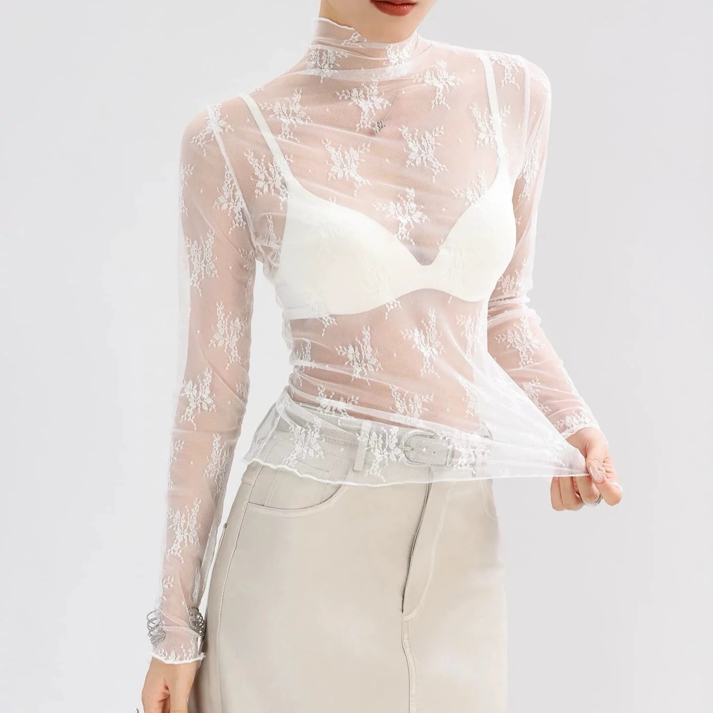 

Sexy Lace Bottomed Blouse Women Long Sleeve Crop Top Sleeved High Neck With Hollowed Out Chiffon Foreign Style Sexy Mesh