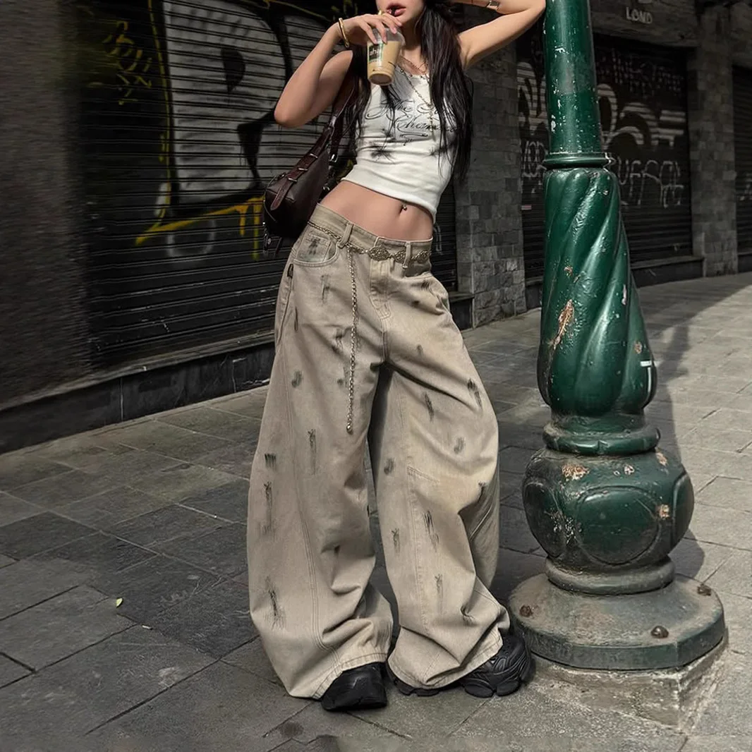 

DSMTRC Women 2025 New Autumn Spring Fashion Streetwear Ladies Casual Printd Loose Jeans Grunge Basic Low-Waisted Wide Leg Pants