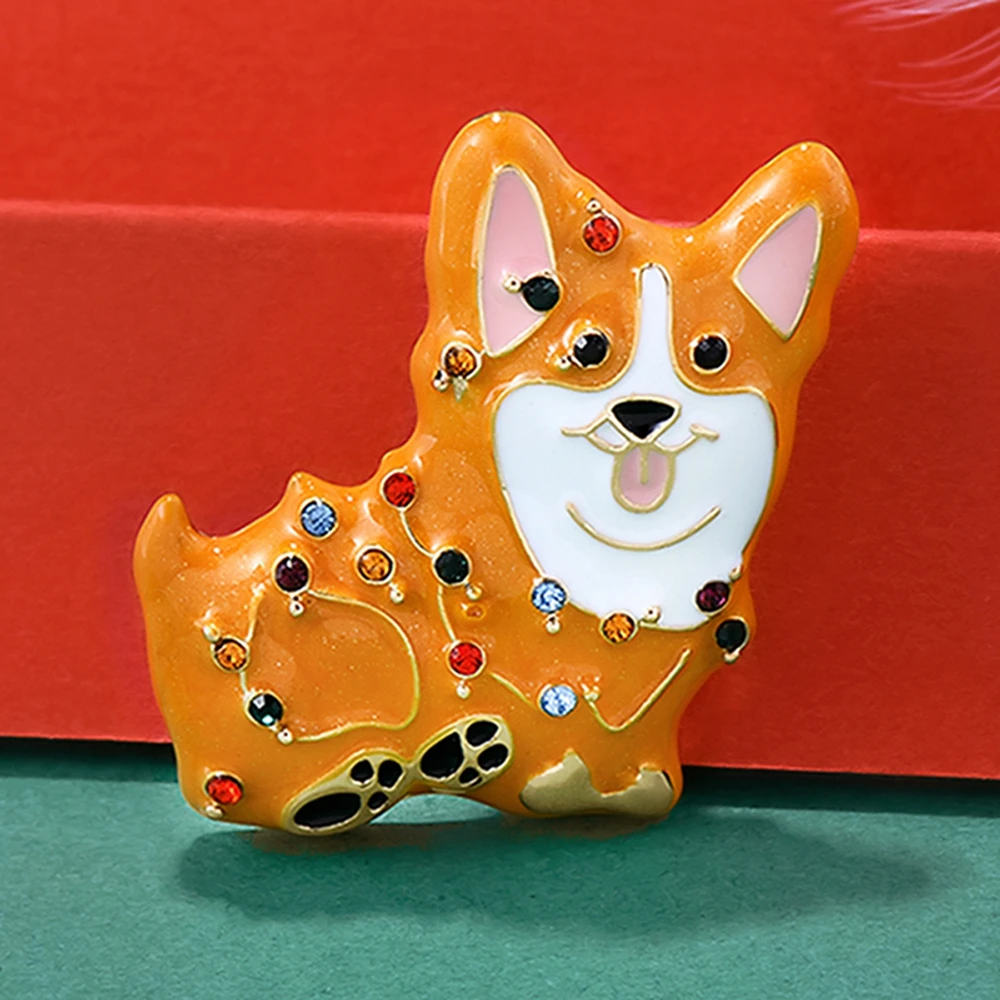 Catuni Christmas Corgi Pet Dog Pin Enamel Brooch Inlaid Crystal Lapel Backpack Badge Accessory Jewelry Gift for Women Pet Lovers