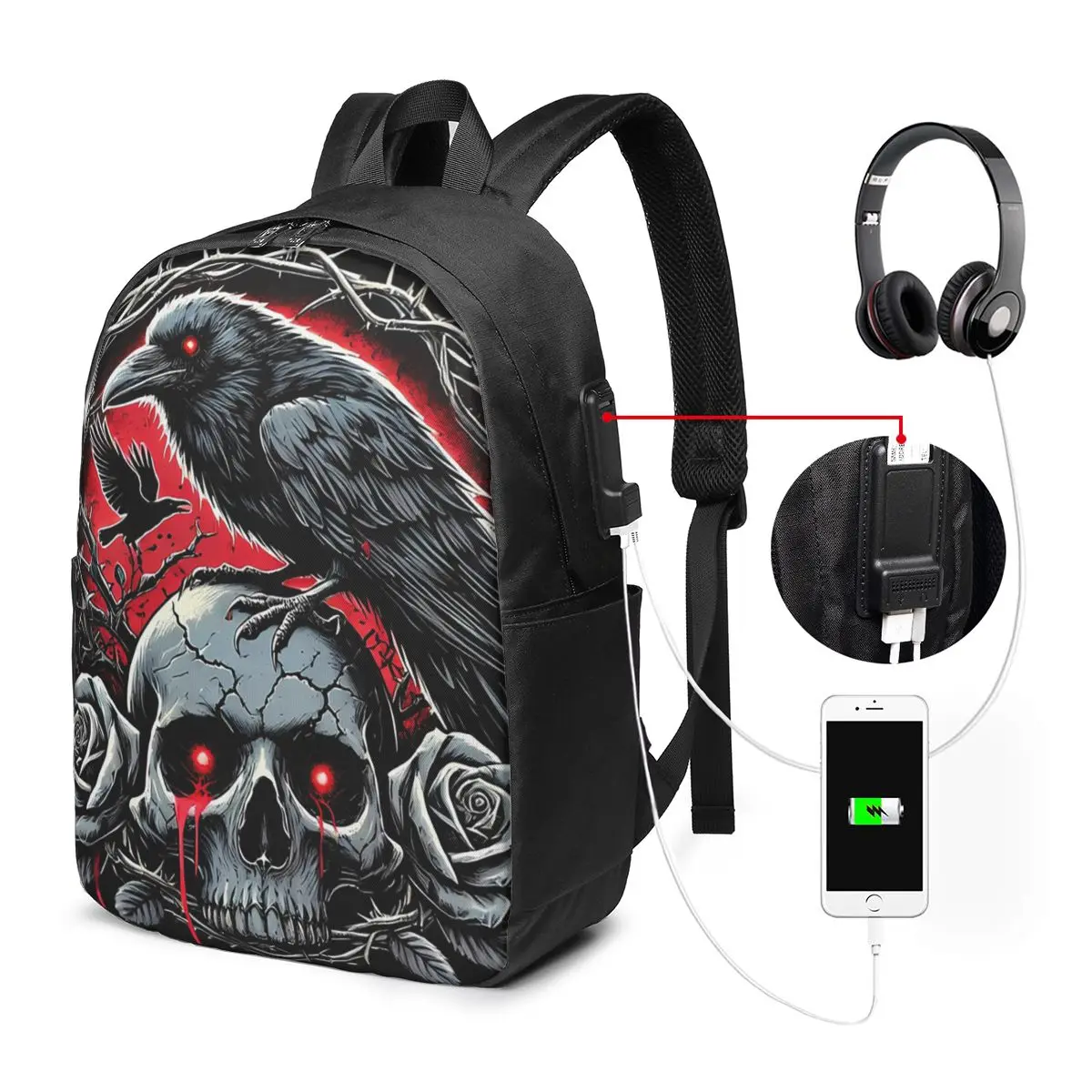 Gothic Skull Crow Roses Backpack Travel Notebook Bag Computer College Student School Bag Laptop Shoulder Bags for Men Women