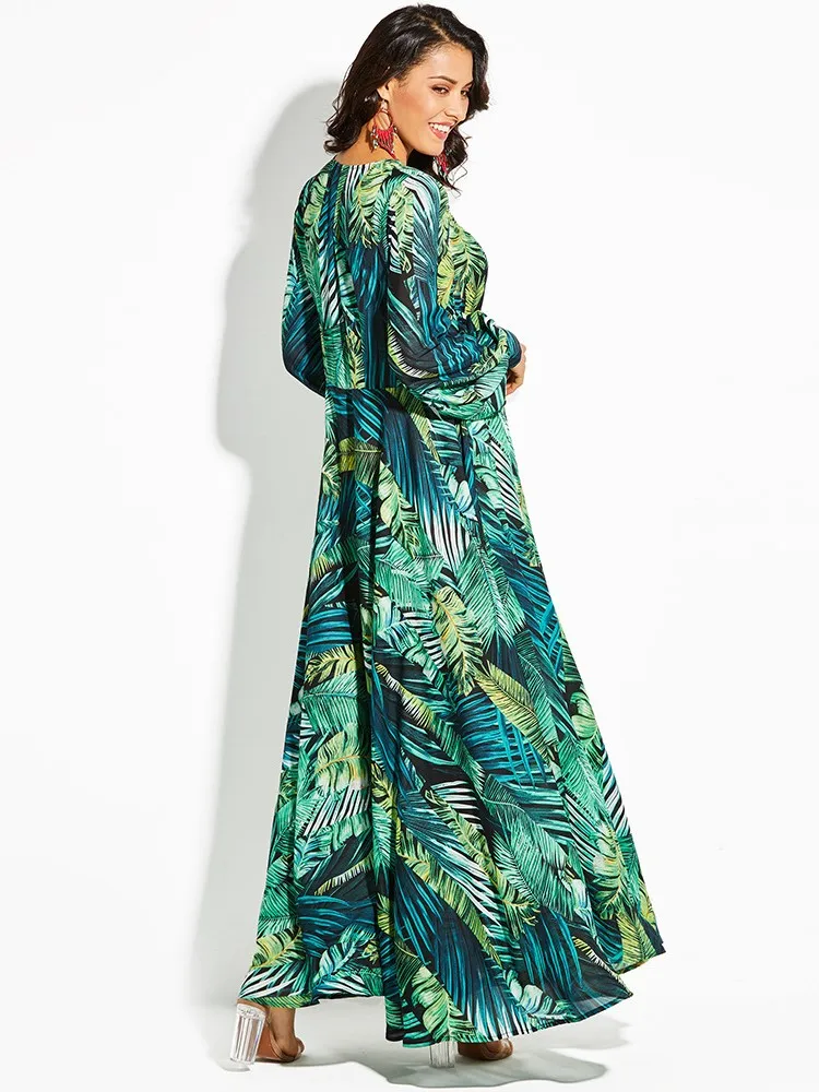 Women\'s 2024 Autumn New Lantern Sleeves Sexy Deep V Fashion Printed Dress Green Leaf Strap Waist Ankle Long Dress