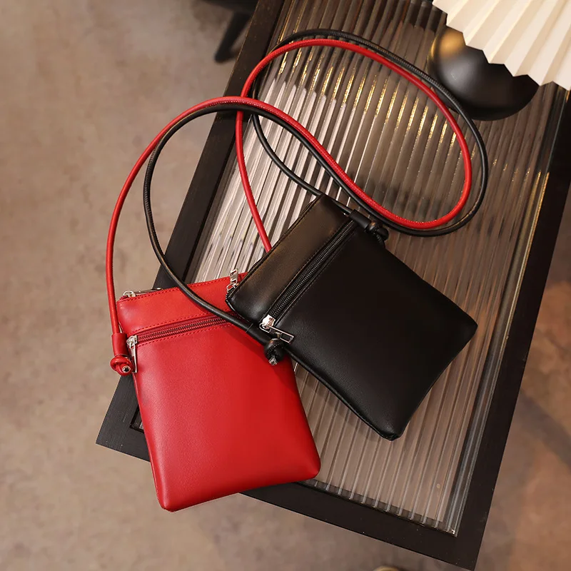 

New PU Leather Mobile Phone Bag Women Crossbody Shoulder Bags Fashion Simple Double Zipper Solid Color Mini Girls Handbags