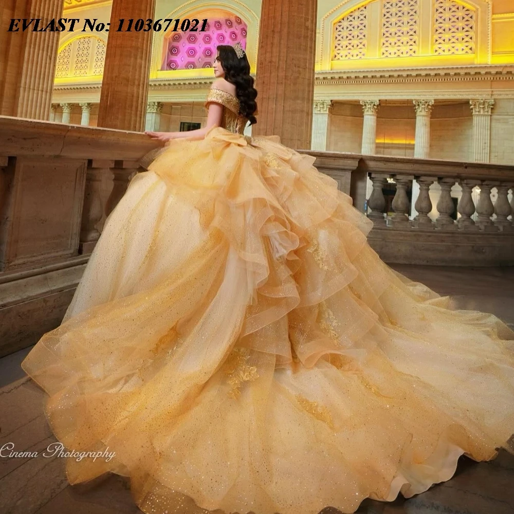 Evlast personalizado ouro quinceanera vestido de baile apliques miçangas em camadas méxico espartilho doce 16 vestidos de 15 anos sq743