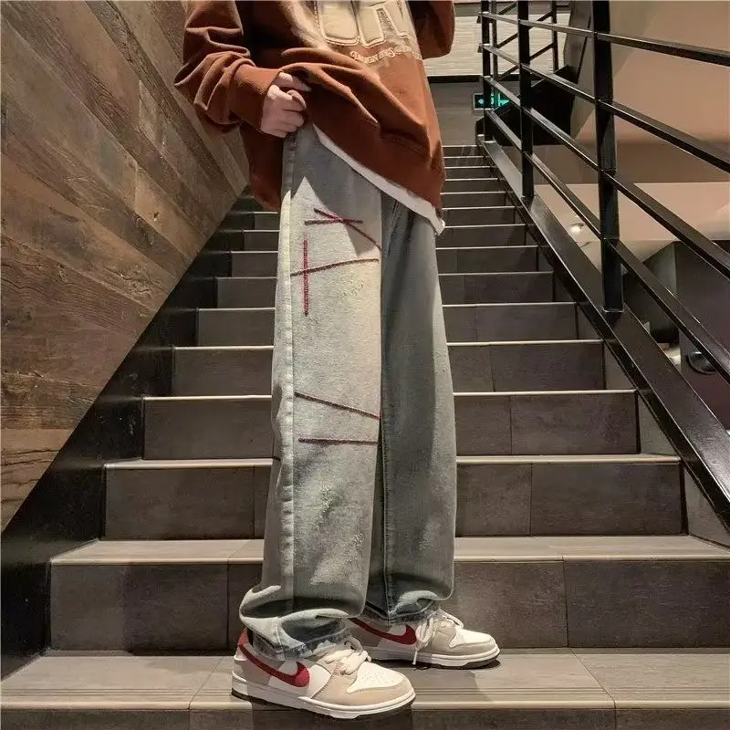 

Мужские винтажные джинсы из денима в стиле Harajuku, облегающие, для повседневной носки, на все сезоны, в уличном стиле, из Гонконга