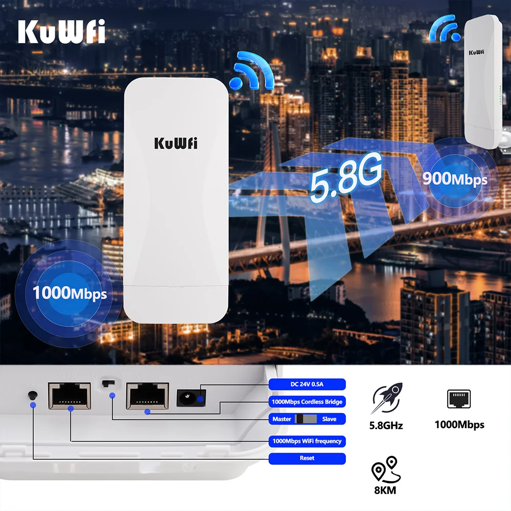 KuWFi 900Mbps 5GHz CPE Bridge Wireless WiFi Signal Amplifier Built-in 18dBi Panel Antenna AP Repeater PTP Up to 8KM Gigabit Port