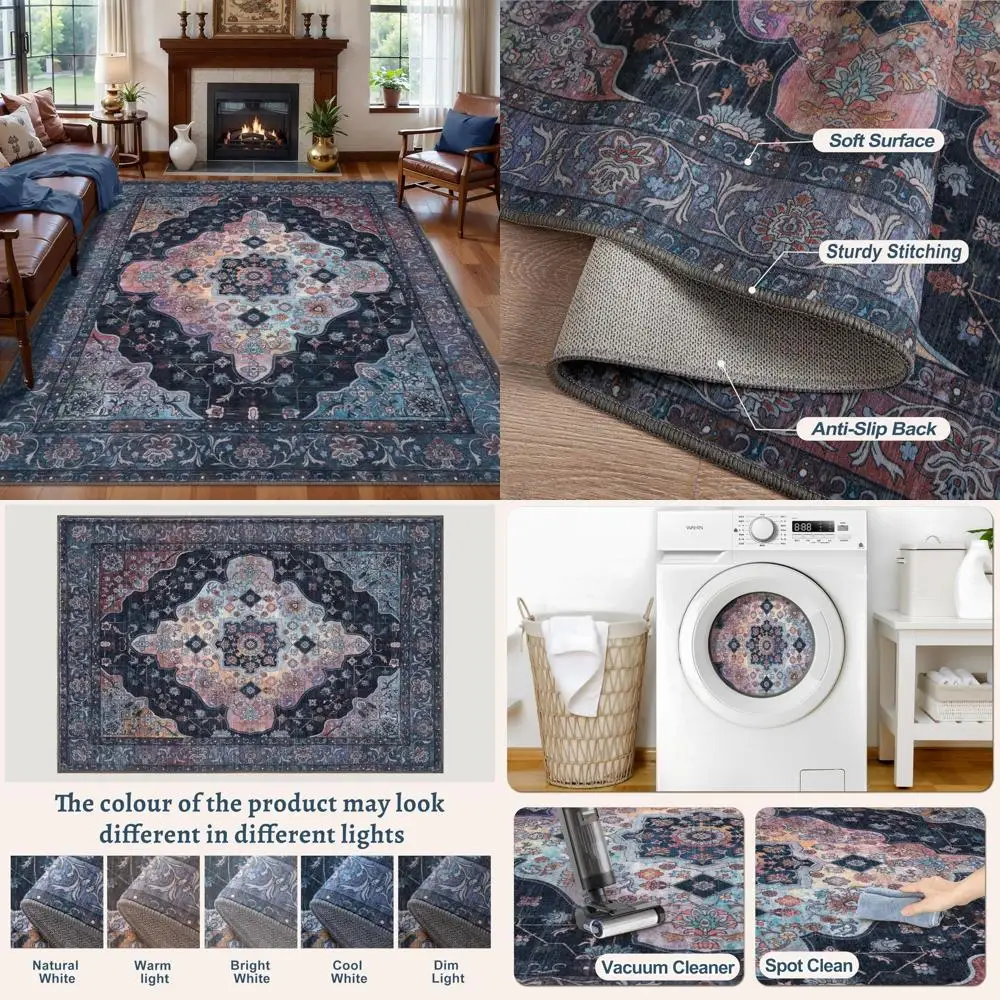 سجادة منطقة كلاسيكية قابلة للغسل مقاس 8 × 10، طباعة كحلي/متعددة، غير قابلة للانزلاق لغرفة المعيشة