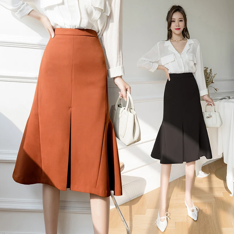 

Ladies Elegant Fashion Medium Long Split Hem Splicing Black Skirt Women Clothes Girls Cute Skirts Chic Casual Clothing BPy2231-1