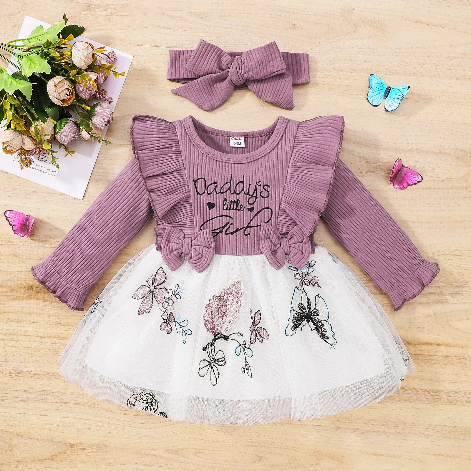 PatPat 2pcs Baby Girl Long-sleeve Rib Knit Ruffle Trim Bowknot Spliced Butterfly Embroidered Mesh Dress with Headband Set