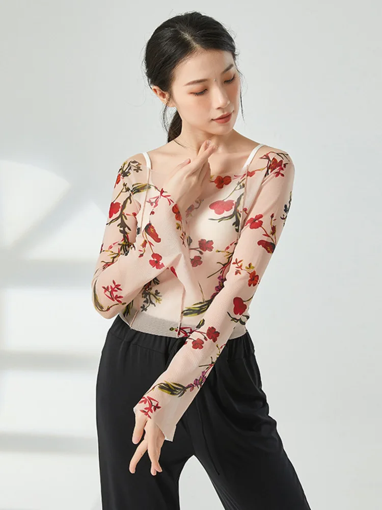 Floral Mesh Long Sleeve Dance Top Women Slim Fit Round Neck Modern Dancewear Stage Performance Costume Ballet Practice Shirt