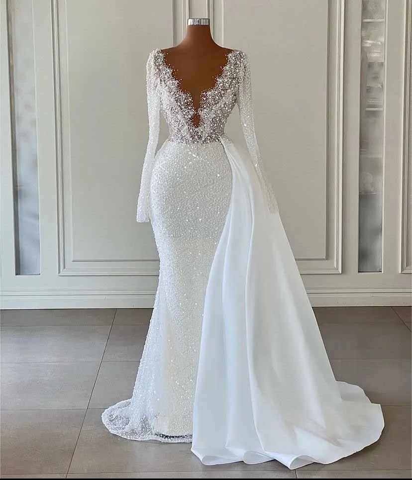 Robe De mariée à effet d'illusion, col rond, perles, manches longues, style sirène, avec jupe