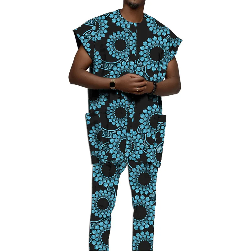 

Оригинальный дизайн, африканская одежда, мужской комплект, трикотажный топ с брюками, нигерийская мода, восковой принт, Индивидуальный размер, одежда для свадебной вечеринки