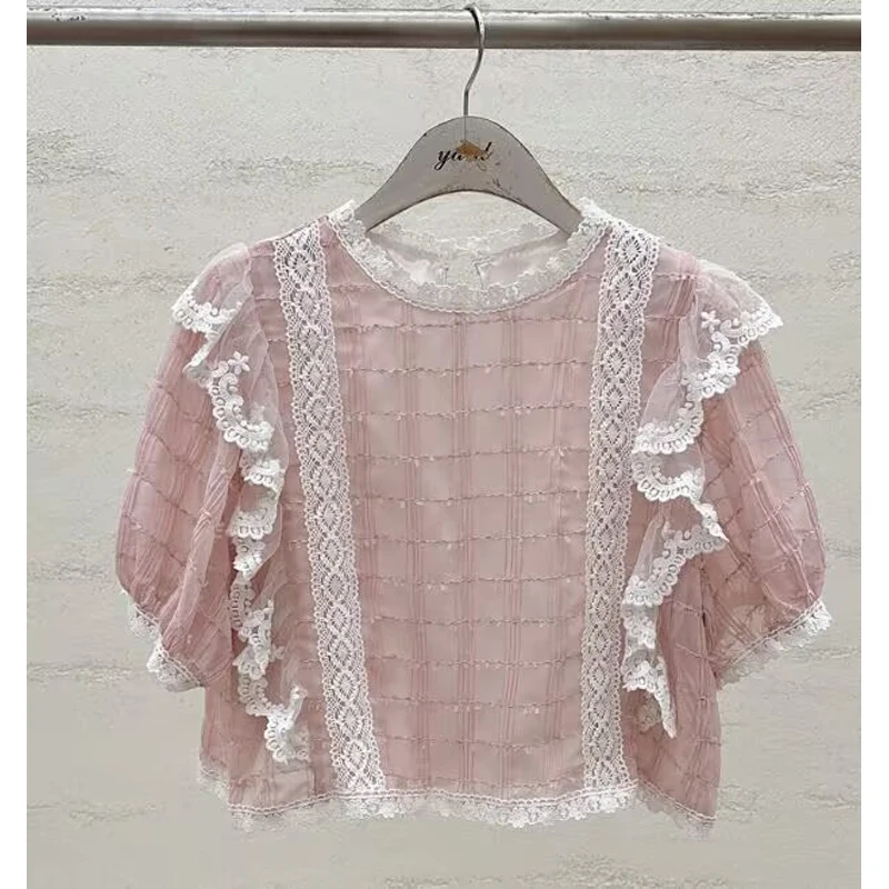 

Korean Style round Neck Short Sleeve Embroidered Lace Shirt Women's Slimming Blouse Floral Splicing Summer New Arrival