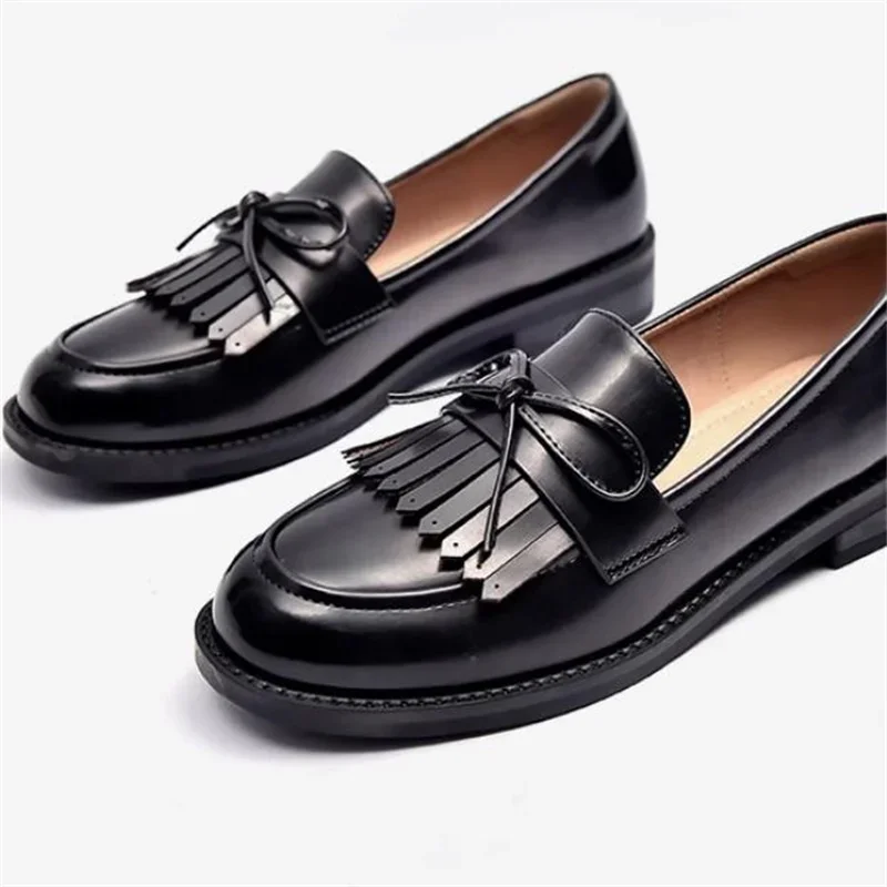 

Tassel Shoes For Ladies Round Toes Low Heels Female Loafers Butterfly-knot Chassure Femme PU Leather Zapatos Mujer Shallow Women