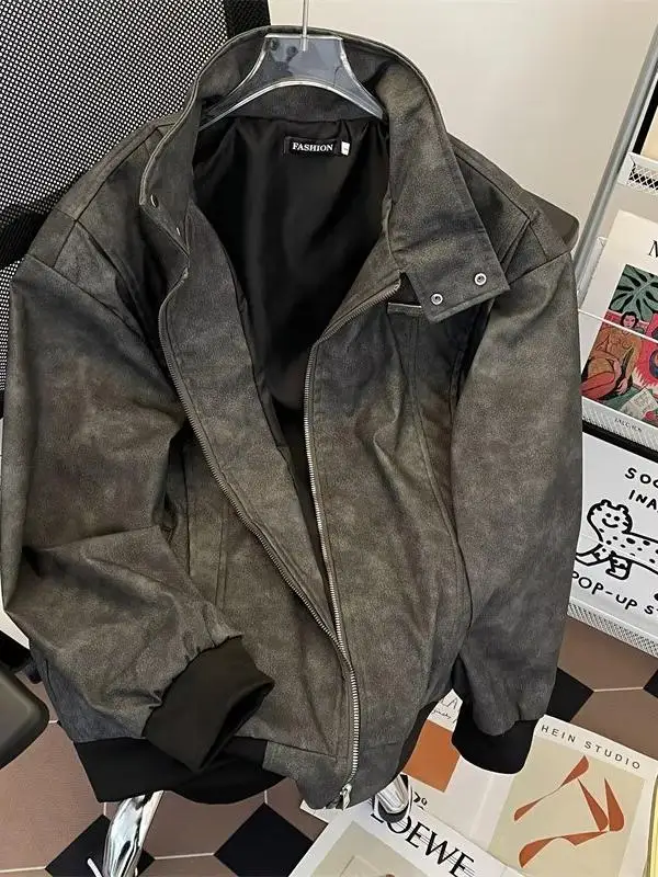 

Кожаная куртка унисекс с вышивкой и воротником-стойкой, свободного кроя, для весны и осени, повседневная, молодежная, модная