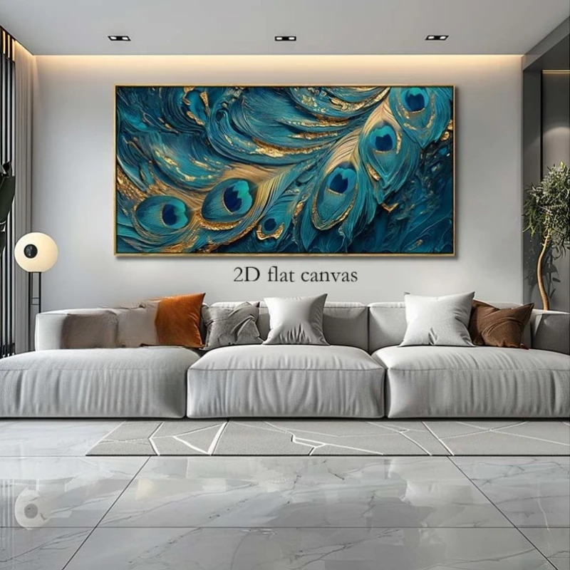 Large-sized frameless canvas paintings,Blue Peacock Feather Poster and Prints Modern Abstract Canvas Painting Wall Art Picture f