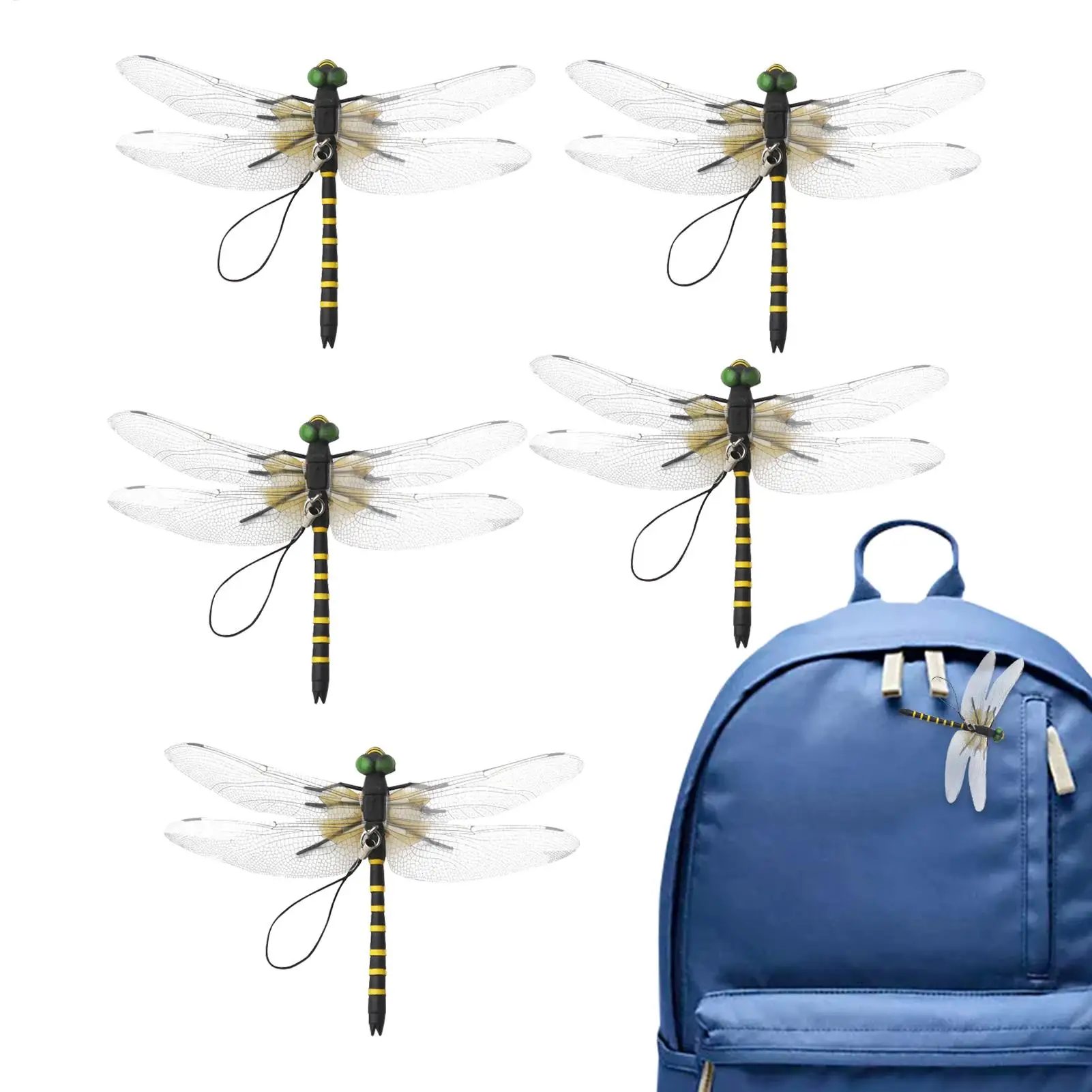 5pcs Realistic 3D Dragonfly Clips Outdoor Fly Scare Devices Insect Repellent Decor for Garden Camping Fishing Hat Backpack Tree
