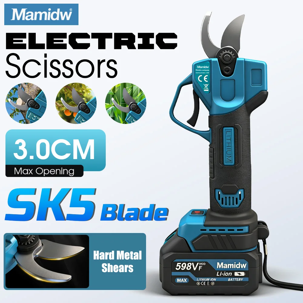 Image of Mamidw 3cm Große Öffnung Elektrische Gartenschere SK5-Klinge Lithium-Betriebenes Schneidewerkzeug für Obstgarten-Astschneiden