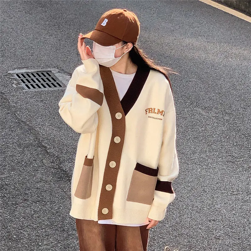 Women Autumn Korean Fashion Loose Embroidered V-neck Knitting Cardigan Coat Ladies Simplicity All-match Appear Thin Knitwear