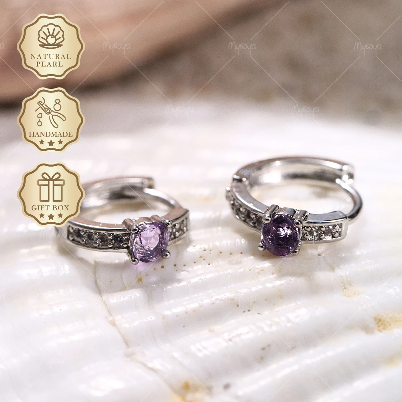 

Mysoya Silver Plated C-Shaped Stud Earrings Natural Amethyst 4mm 0.47ct Gift Box Valentine’s Day Birthday Gift For Her