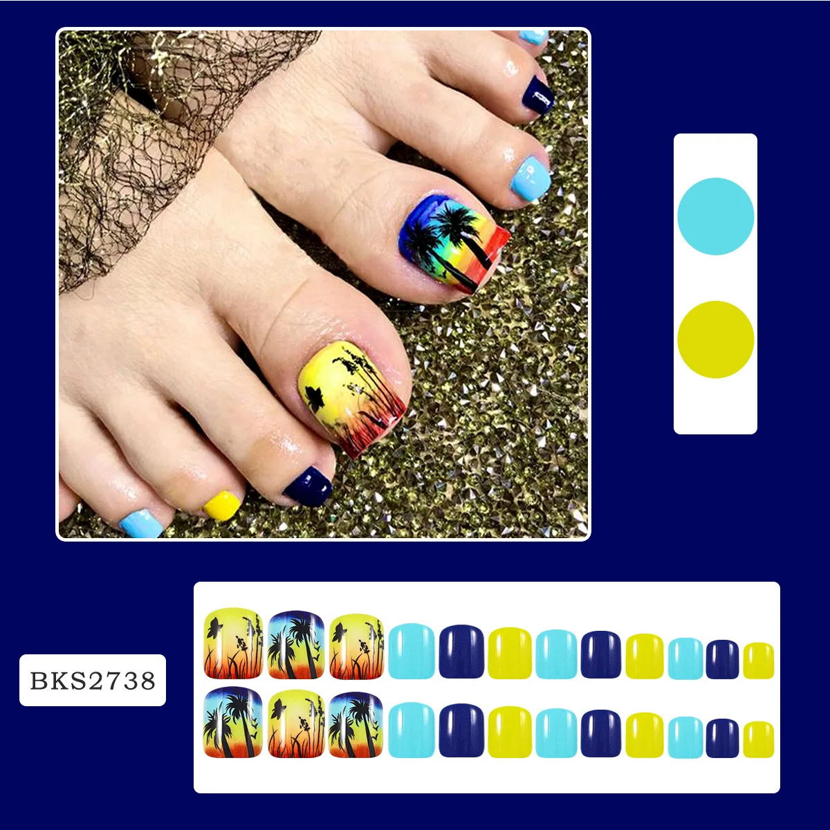 24pcs Summer Beach Short False Toe Nails Wearable Colorful Fake FootNails Press On Acrylic Feet Nail Tips with Butterfly Designs