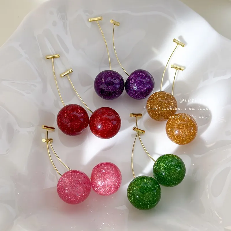 Earrings Sparkly Cherry Pendant Water Clear Gold Glitter Dimensional Lightweight Elegant Daily Versatile Summer Spring Jewelry