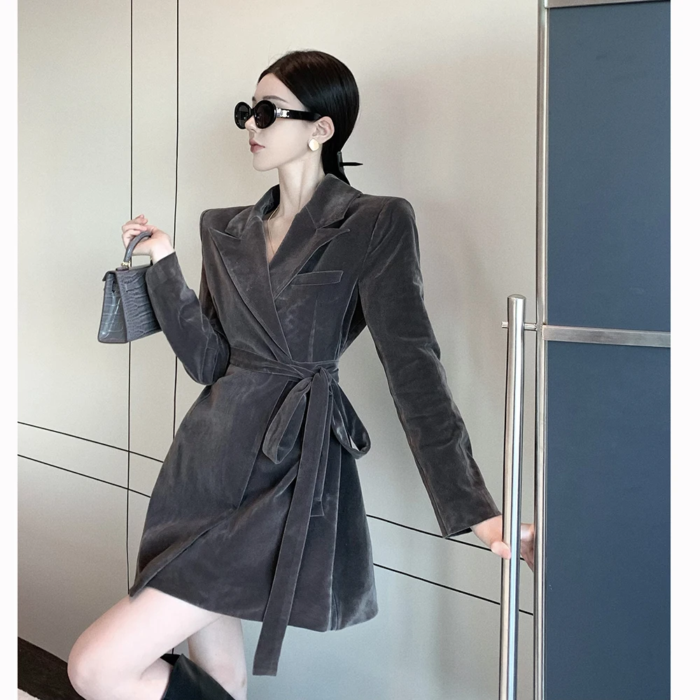 

2024 New Elegant Women's Suit Lapel Strap Velvet Long Sleeve Waisted Mid-length Jacket Spring and Autumn Slim-fit Blazer Coat