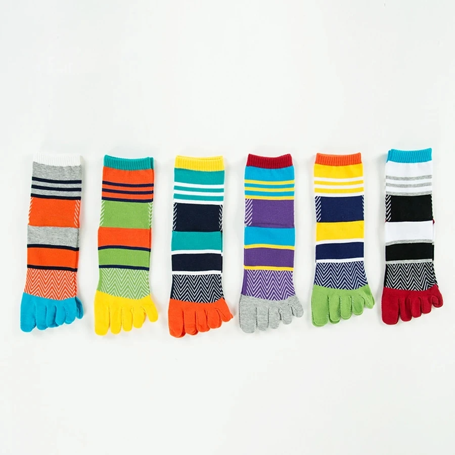 5 Pairs Man 5 Finger Socks Cotton Colorful Striped Sweat-Absorbing Beautiful Young Fashion Party Dress Short Toe Happy Socks