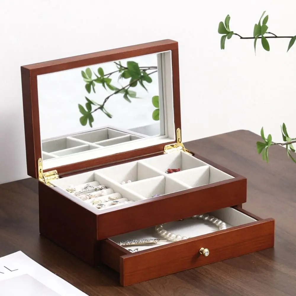 Double Layer Wooden Jewelry Display Box Vintage Multicompartment Rings Earrings Storage Case Multi-function Large Capacity