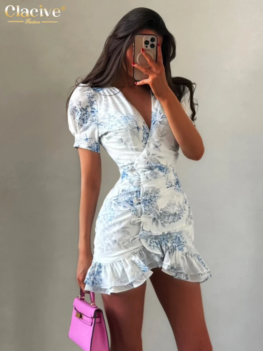 

Clacive Sexy Slim Print Women Dress 2026 Summer V-Neck Short Sleeve Mini Dresses Elegant Classic Ruffles Female Dress Streetwear