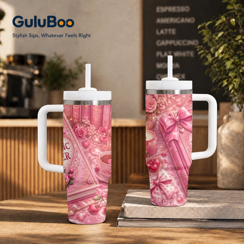 Pink Bookish Girly Book Vacuum Flasks 40oz Stainless Steel Insulated Tumbler with Handle & Straw Leakproof Travel Mug