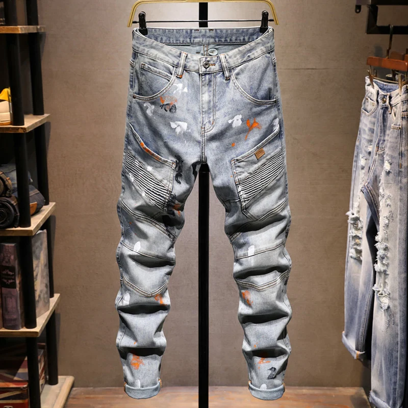 Retro High Street Splicing Slim Fit Blue Jeans Nostalgic Stretch Italian Style Men's Denim Pants