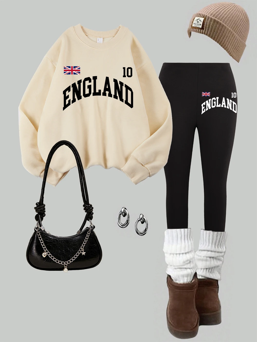 2-teiliges Damen-Sweatshirt-Leggings-Set mit England-Buchstaben und UK-Druck, Herbst, warme Fleece-Hoodie-Hosen, Straße, lässige Damenkleidung