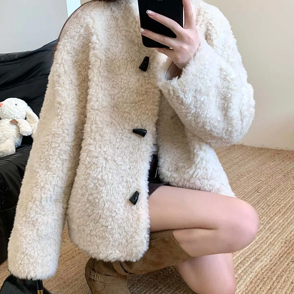 Lamb Fur Crop Coats Women Long Sleeve Button Vintage Jacket Fall Winter All Match Thick Warm Preppy Outwear