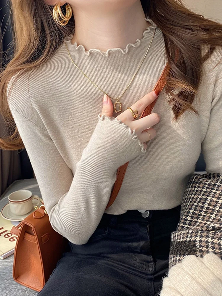 

Весенний женский облегающий вязаный топ с высоким воротником, базовая модель, корейский стиль, мягкий трикотаж с деревянным узором