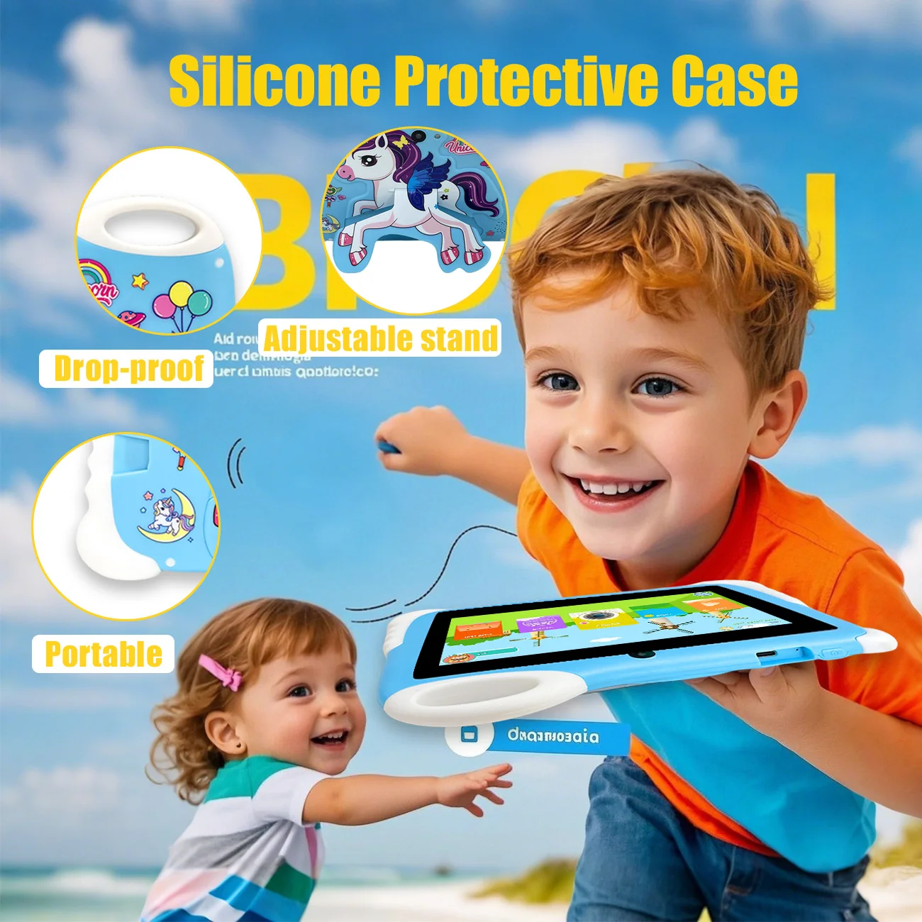 Tablet infantil Android 12 de 7 polegadas, tablet educacional com câmeras duplas, projetado para meninos e meninas como aniversário divertido, presentes de Natal