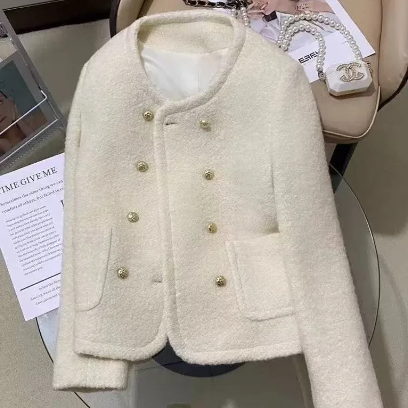 

Beige Jacket Temperament Double Breasted Buckle Blend Wool coat Women's Autumn And Winter 2025 New Design Fashionable Trend Top